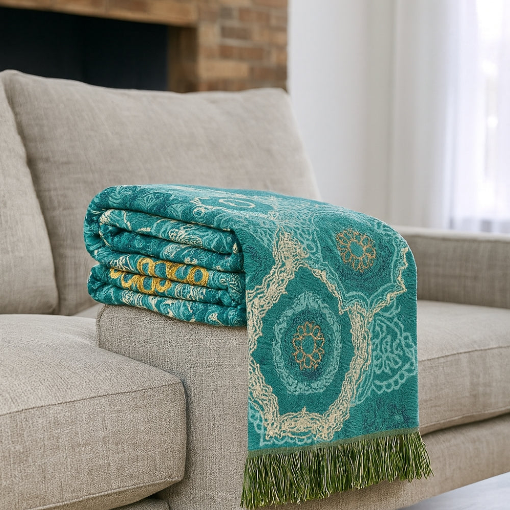 Plaid en coton mandala turquoise toutes saisons