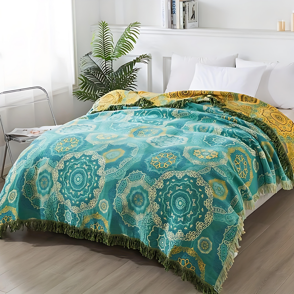 Plaid en coton mandala turquoise toutes saisons