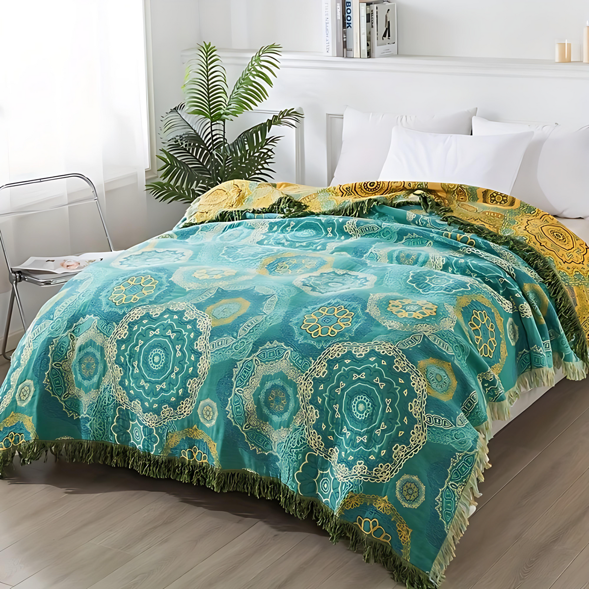 Plaid en coton mandala turquoise toutes saisons