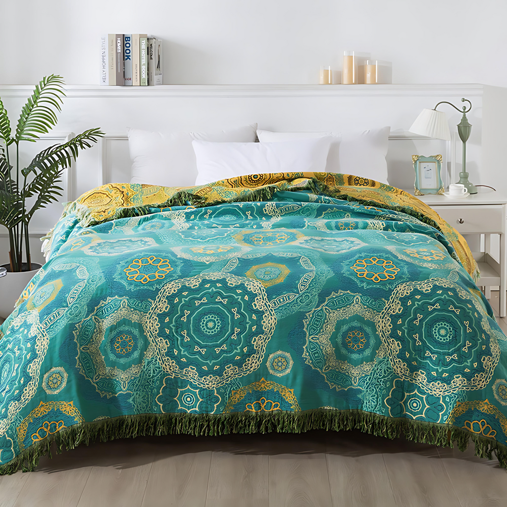 Plaid en coton mandala turquoise toutes saisons