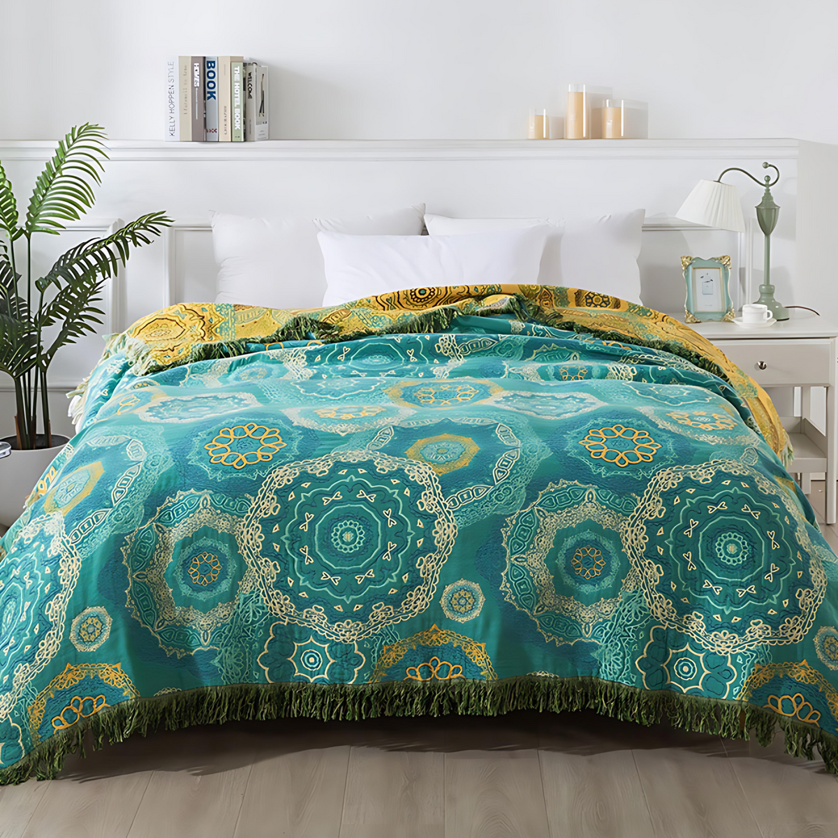 Plaid en coton mandala turquoise toutes saisons