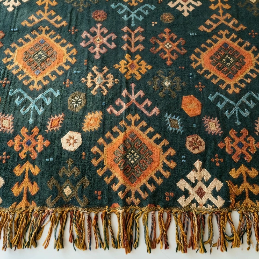 Plaid en coton géométrique à franges d'inspiration tribale