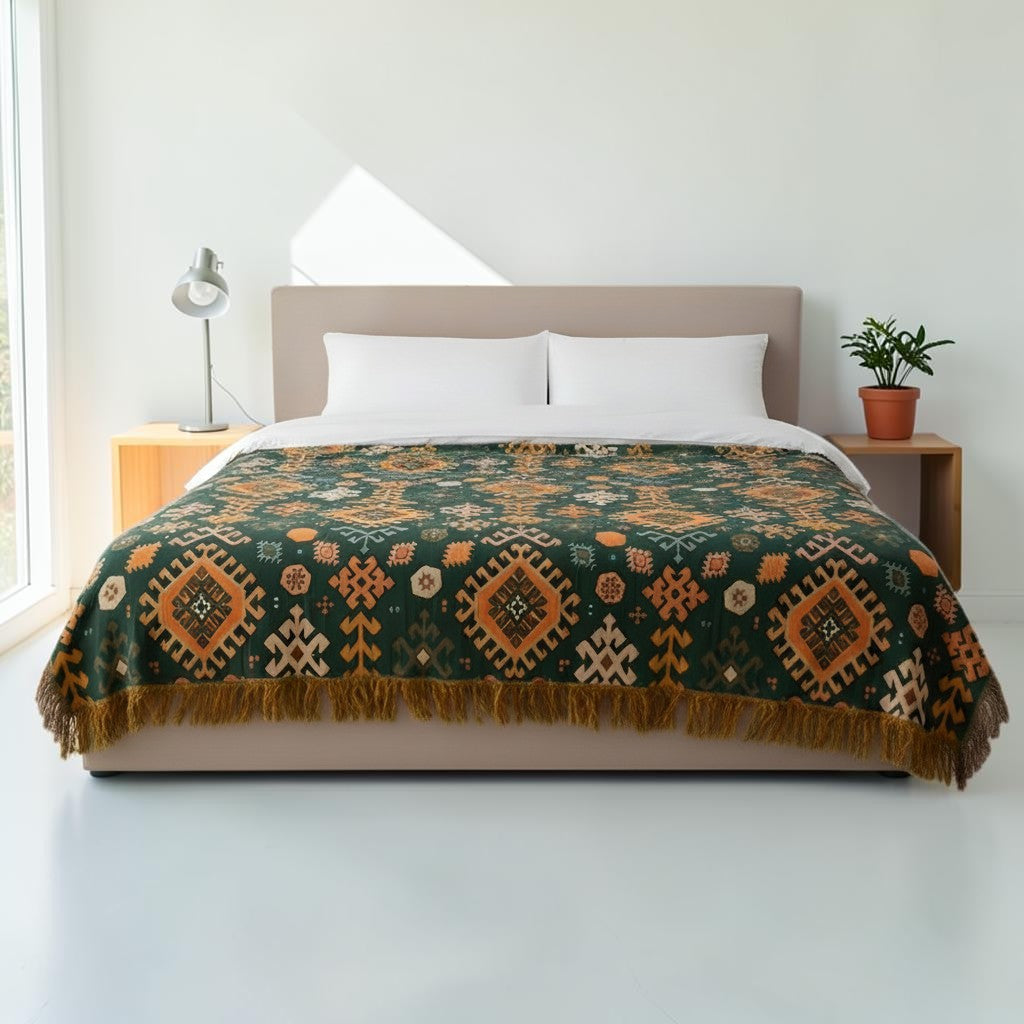 Plaid en coton géométrique à franges d'inspiration tribale