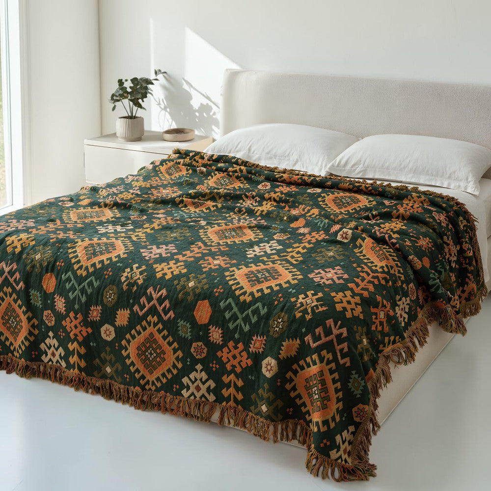 Plaid en coton géométrique à franges d'inspiration tribale