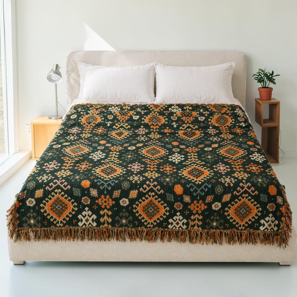 Plaid en coton géométrique à franges d'inspiration tribale – Sunset Tribe