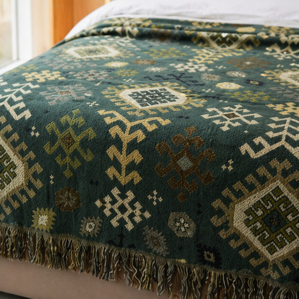 Plaid en coton géométrique à franges d'inspiration tribale