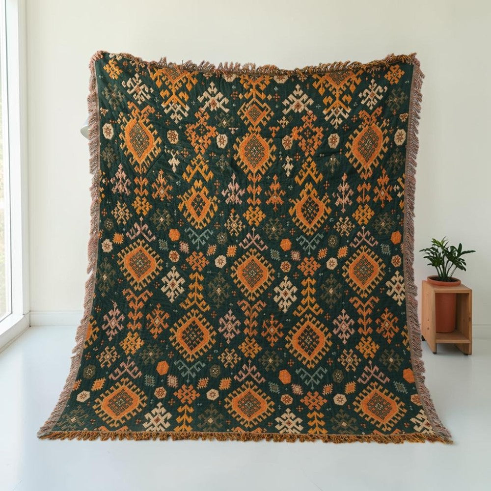 Plaid en coton géométrique à franges d'inspiration tribale