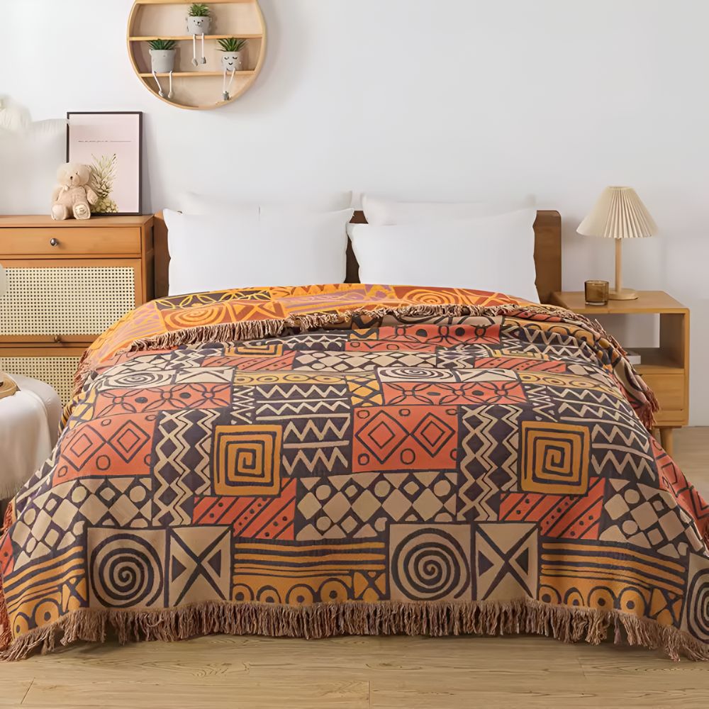 Plaid réversible en coton patchwork tribal à pompons – Rouille & Tan