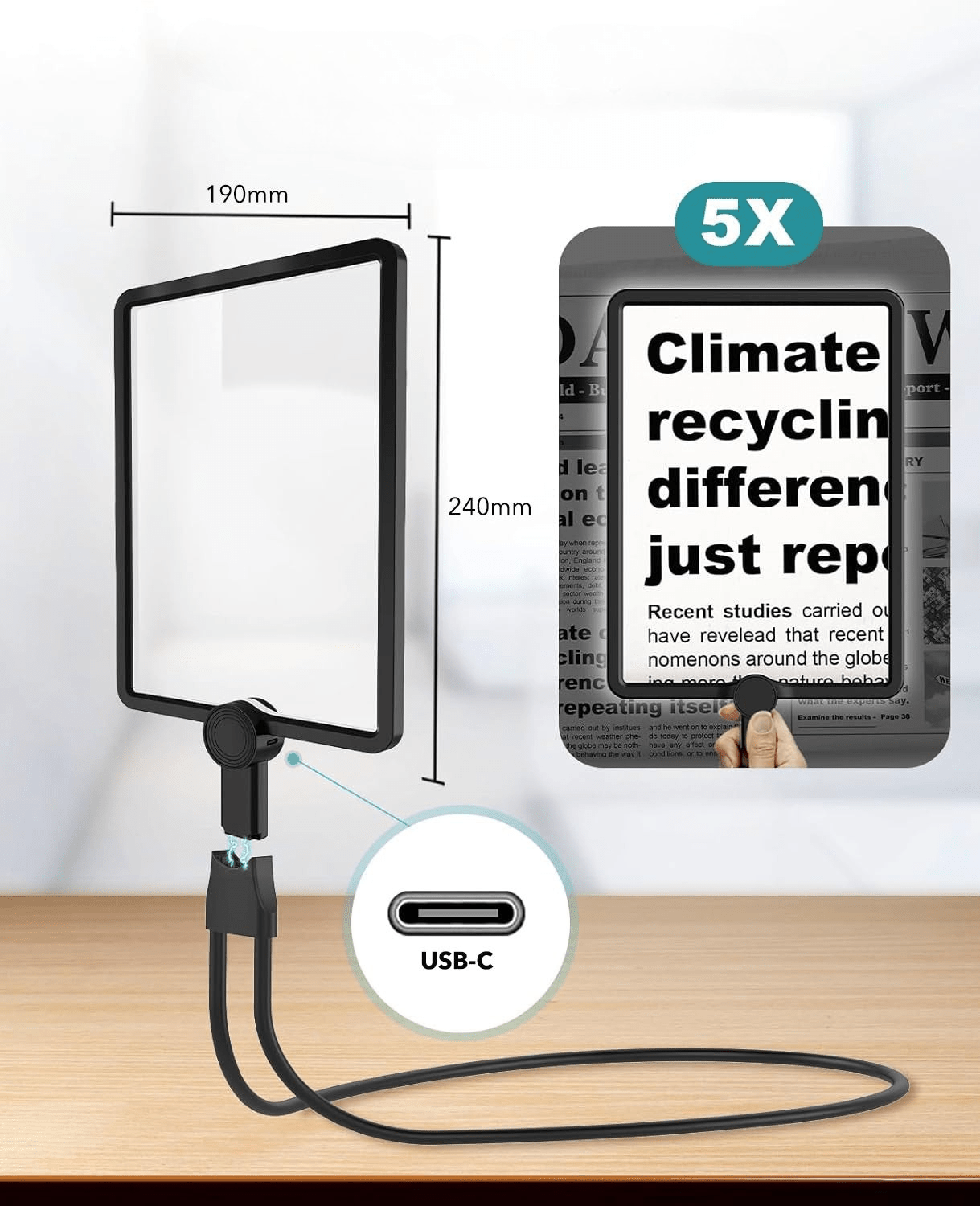 Loupe Mains Libres avec LED – Grossissement 5X, Support Flexible, USB