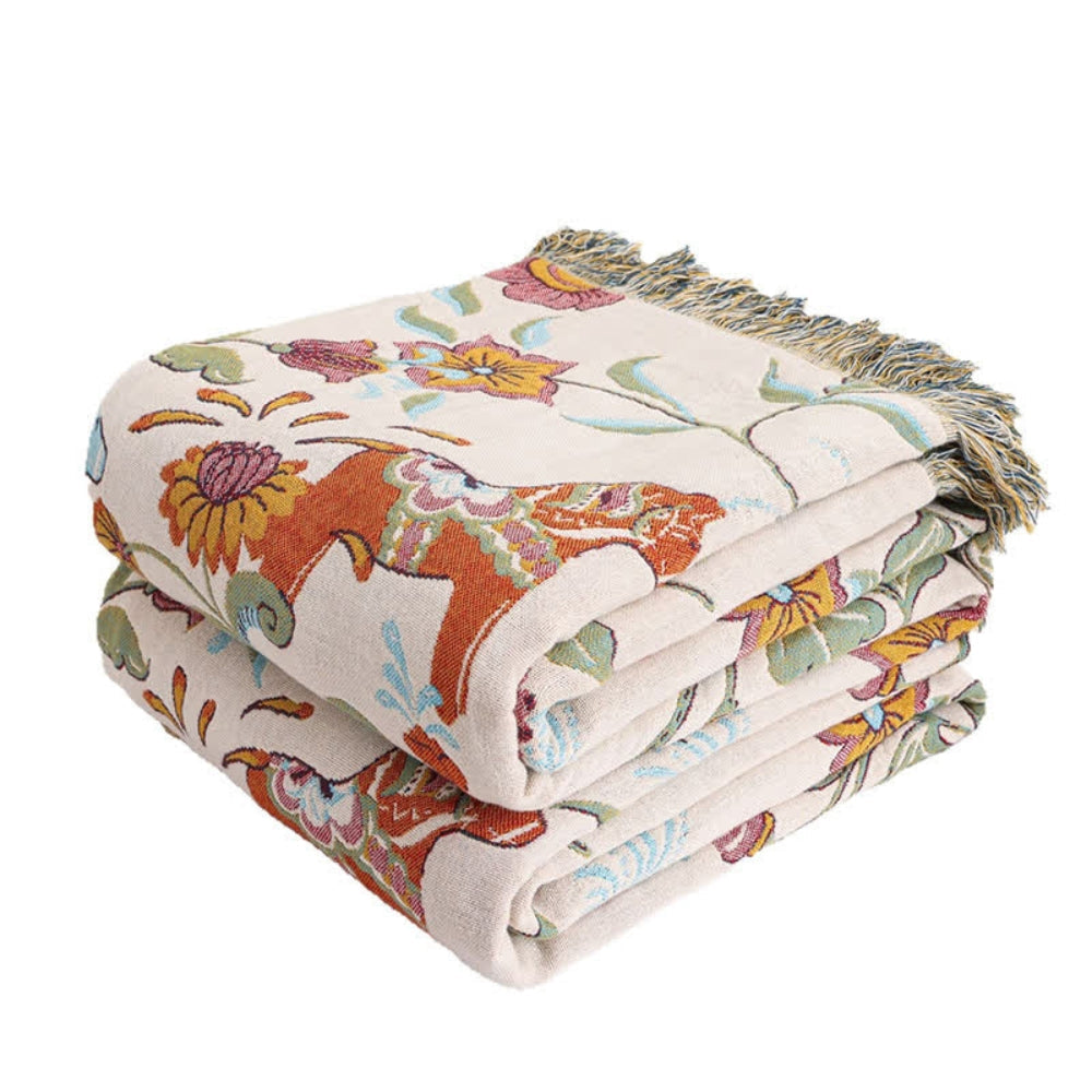 Plaid en coton à pompons jardin fleuri