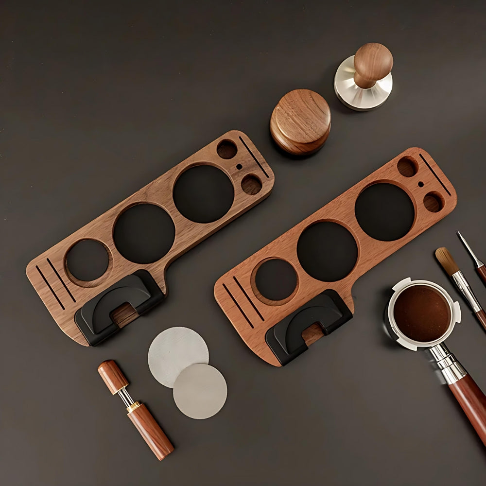 Station à tamper en noyer pour coin café