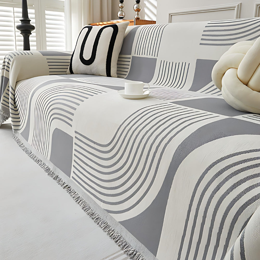 Housse de canapé boho rayures ondulées – Gris Arches