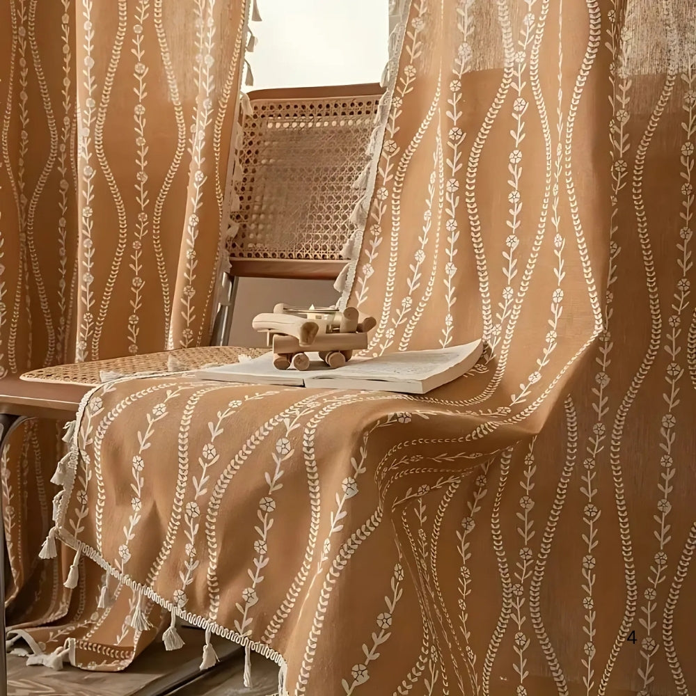 Rideau beige à pompons motif épis de blé