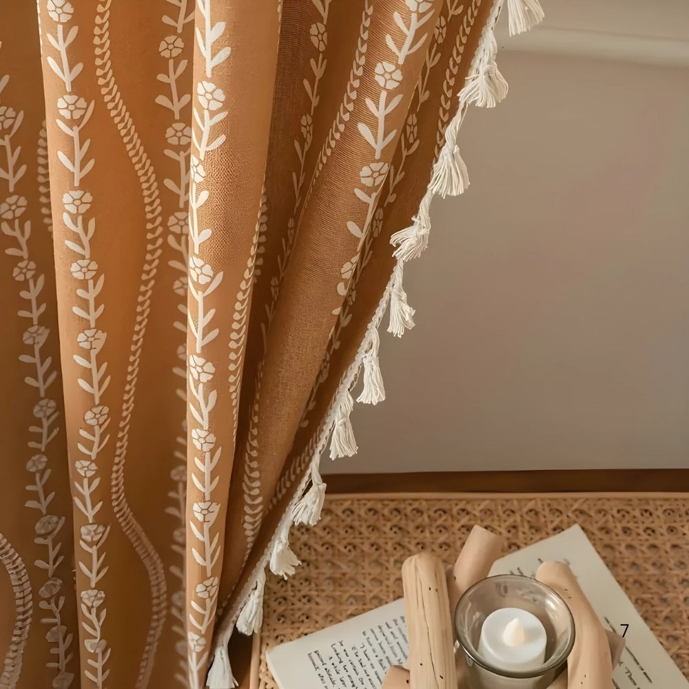 Rideau beige à pompons motif épis de blé