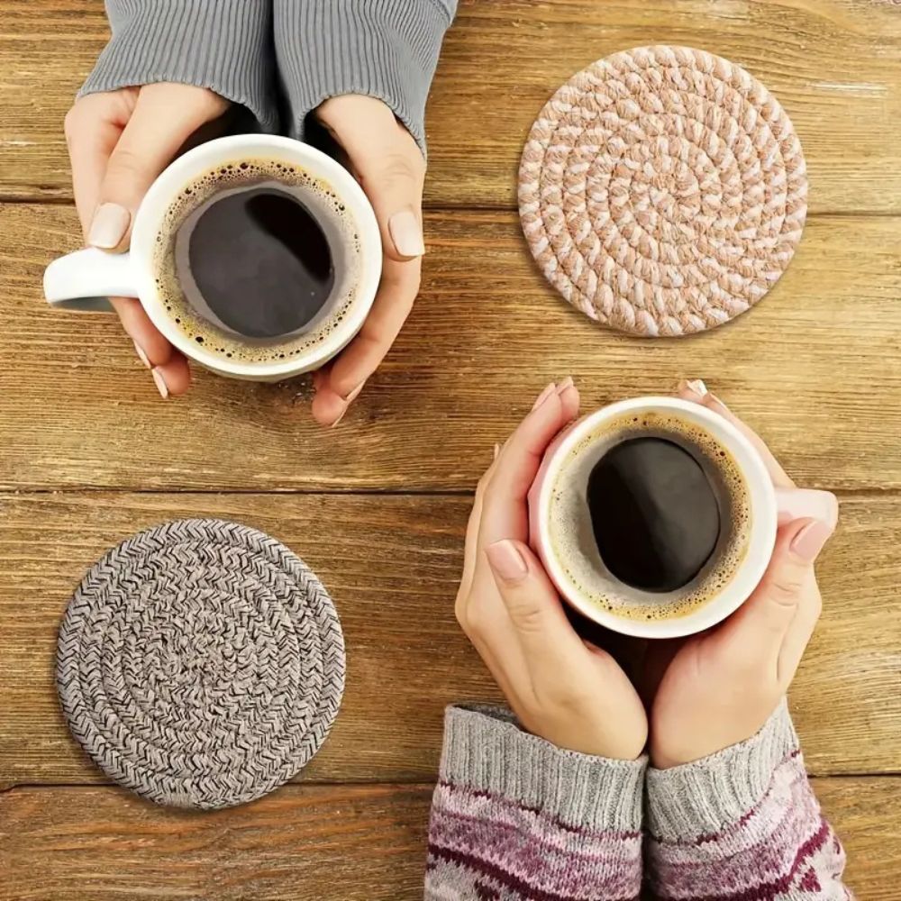 Set de sous-verres tressés | Lot de 8 – Ivoire Herringbone