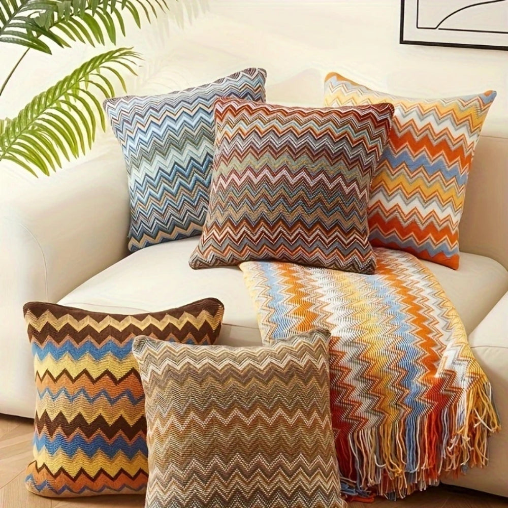 Housse de coussin boho tricotée zigzag – Rouille Chevron