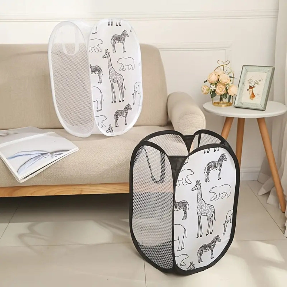 Panier à linge en filet Zoola motif animaux – Ivoire Anthracite
