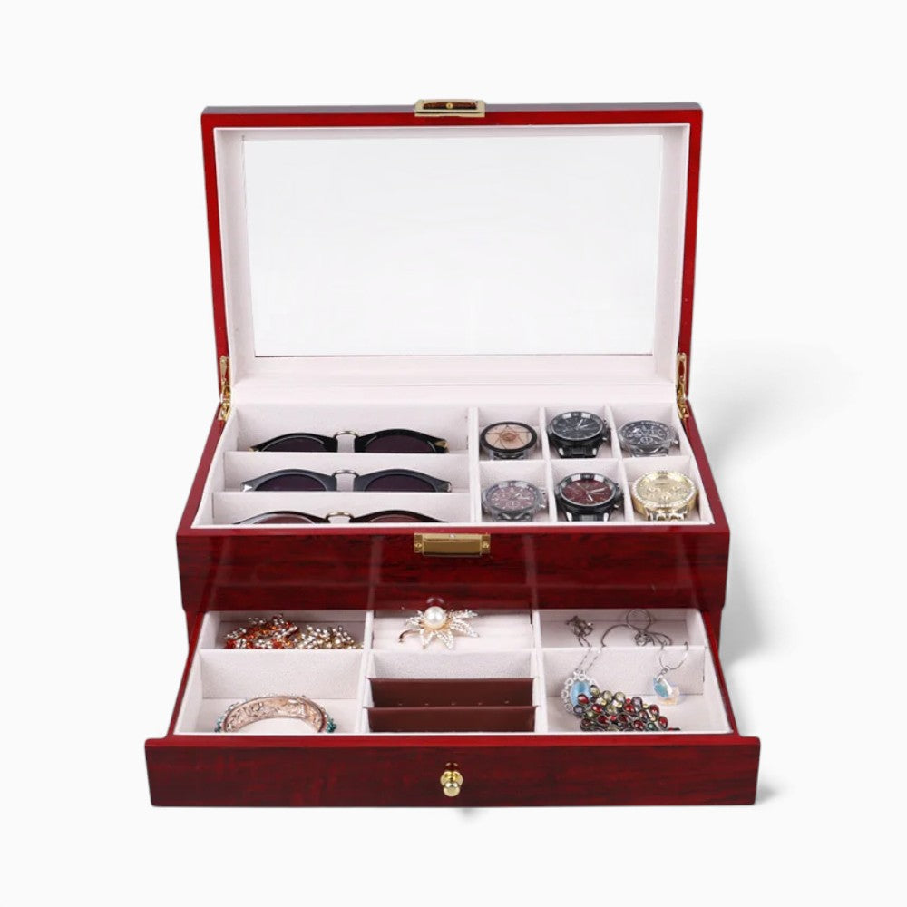 Boîte À Montres Et Bijoux Bois Rouge Avec Couvercle Transparent