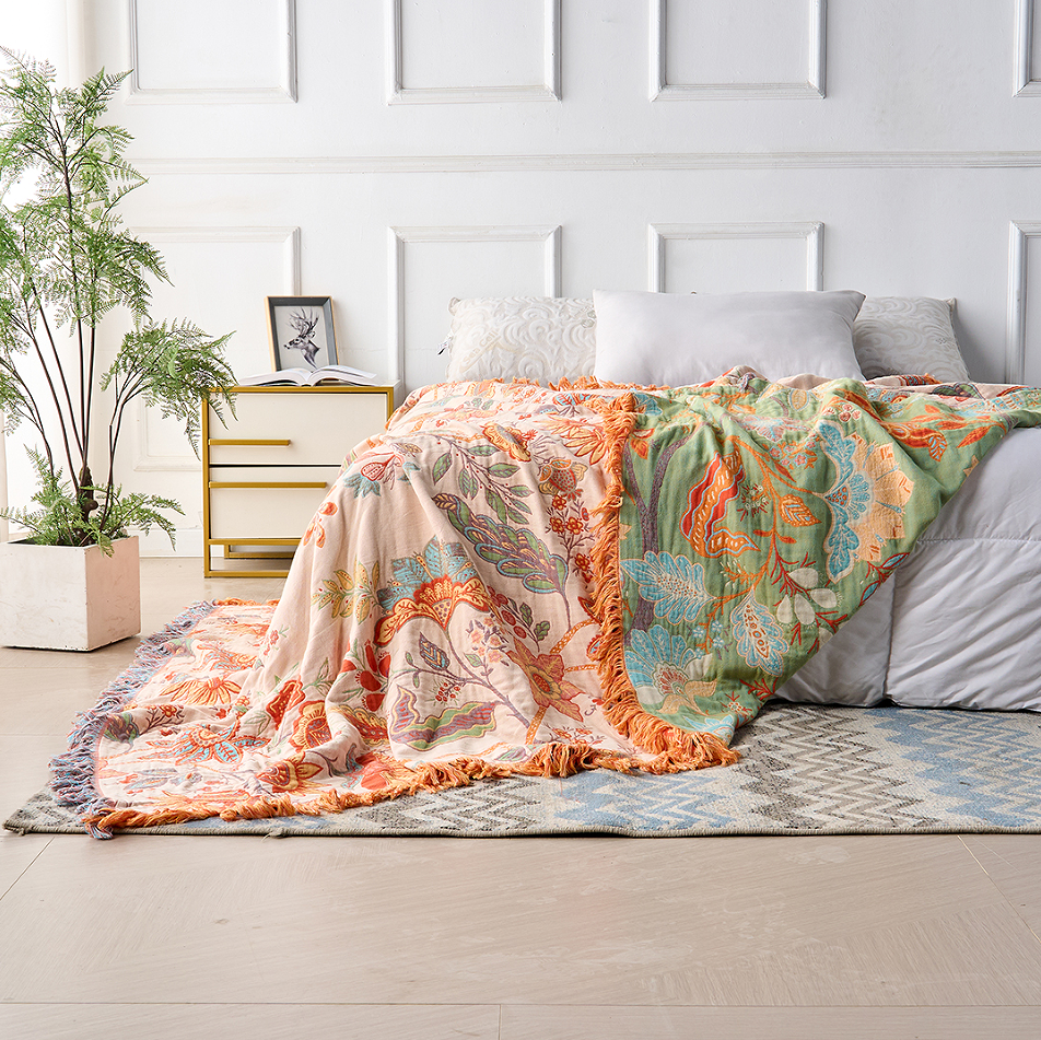 Plaid boho rustique à fleurs | 100 % coton
