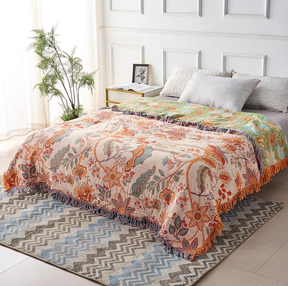 Plaid boho rustique à fleurs | 100 % coton
