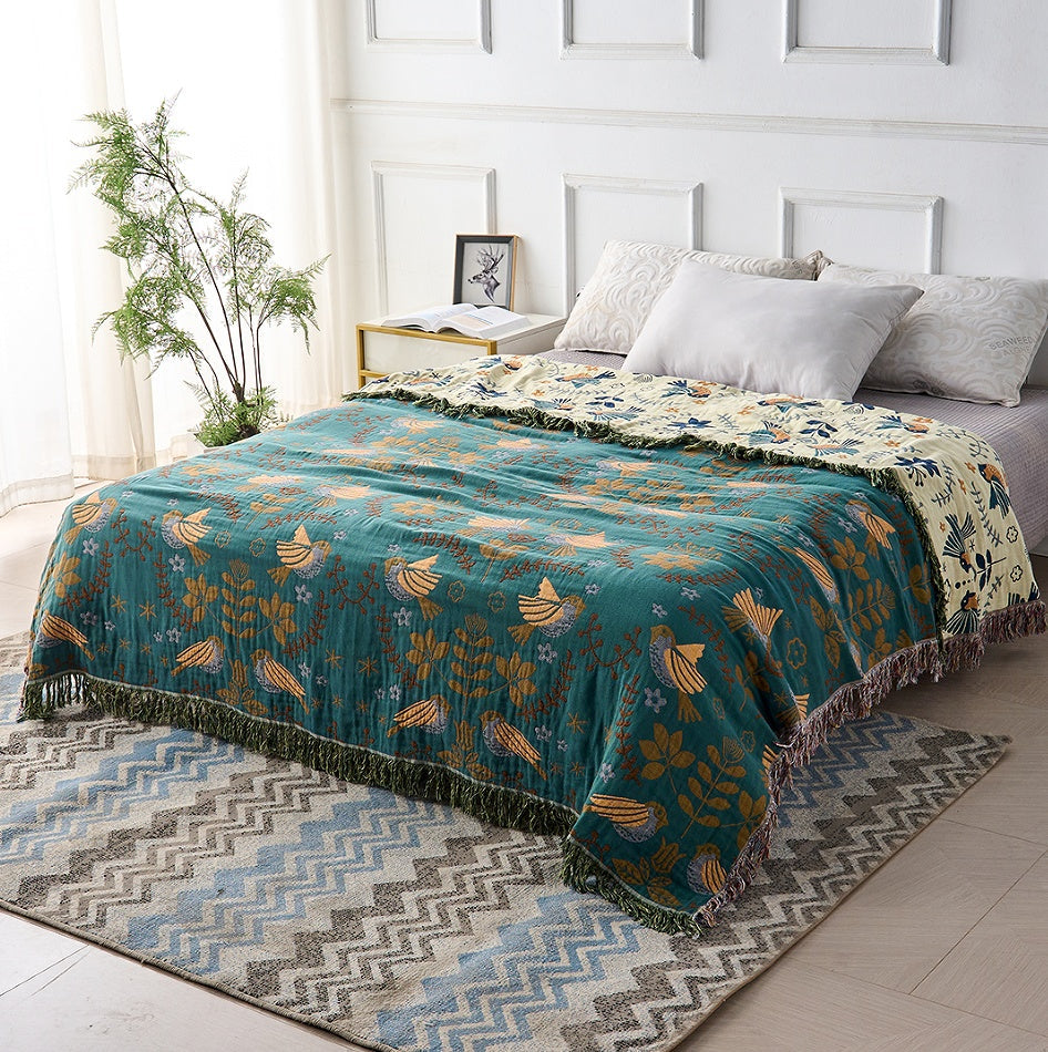 Plaid réversible aux oiseaux scandinaves | 100 % coton