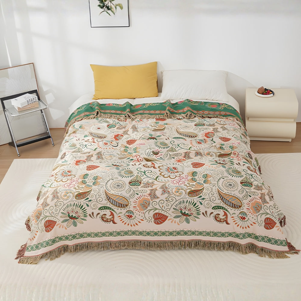 Plaid réversible en coton boho feuilles d'automne