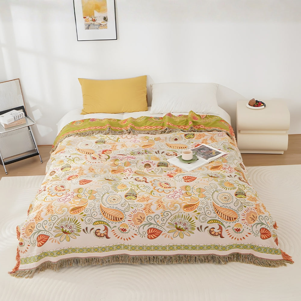 Plaid réversible en coton boho feuilles d'automne – Sunny Fern