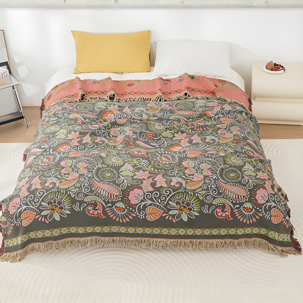Plaid réversible en coton boho feuilles d'automne