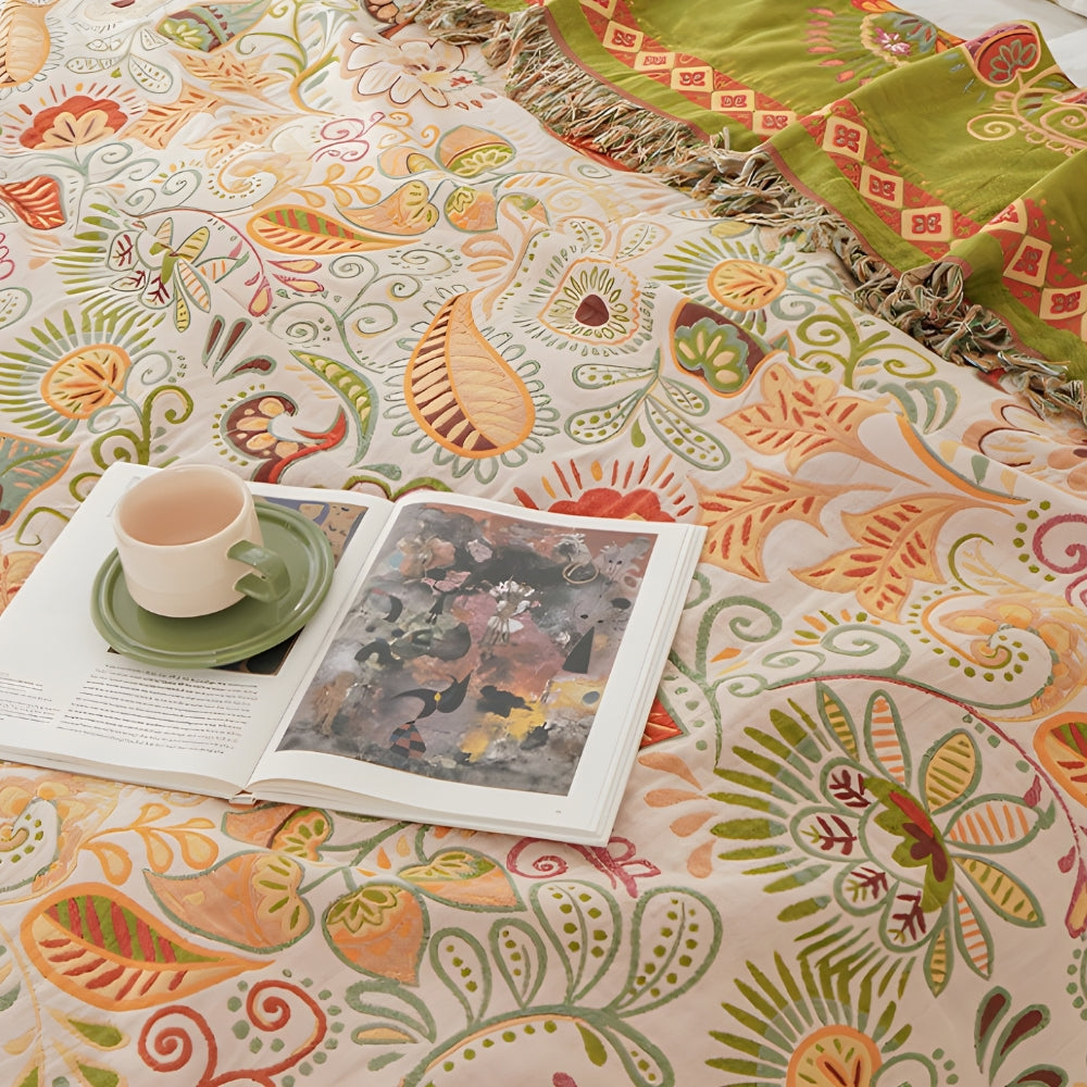 Plaid réversible en coton boho feuilles d'automne