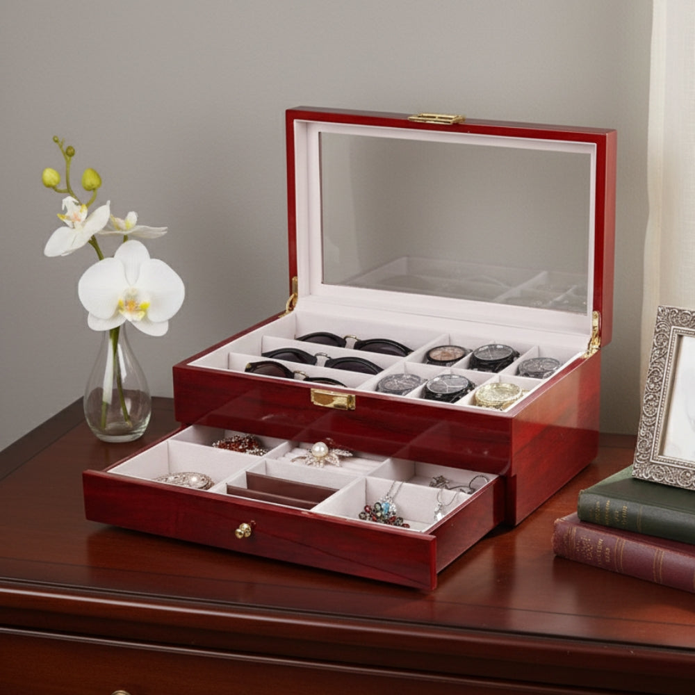 Boîte À Montres Et Bijoux Bois Rouge Avec Couvercle Transparent