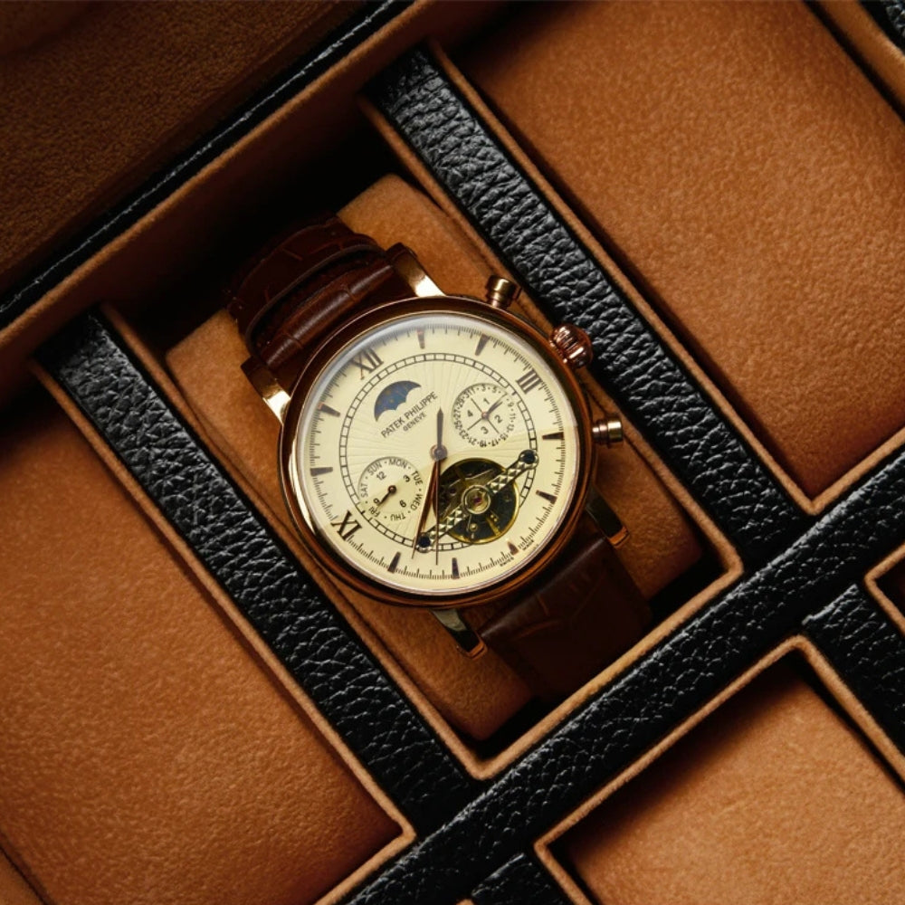 Boîte À Montres En Cuir Noir Intérieur Camel