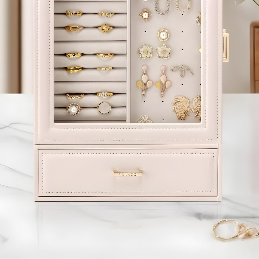 Boîte À Bijoux En Cuir Rose Avec Devant Transparent