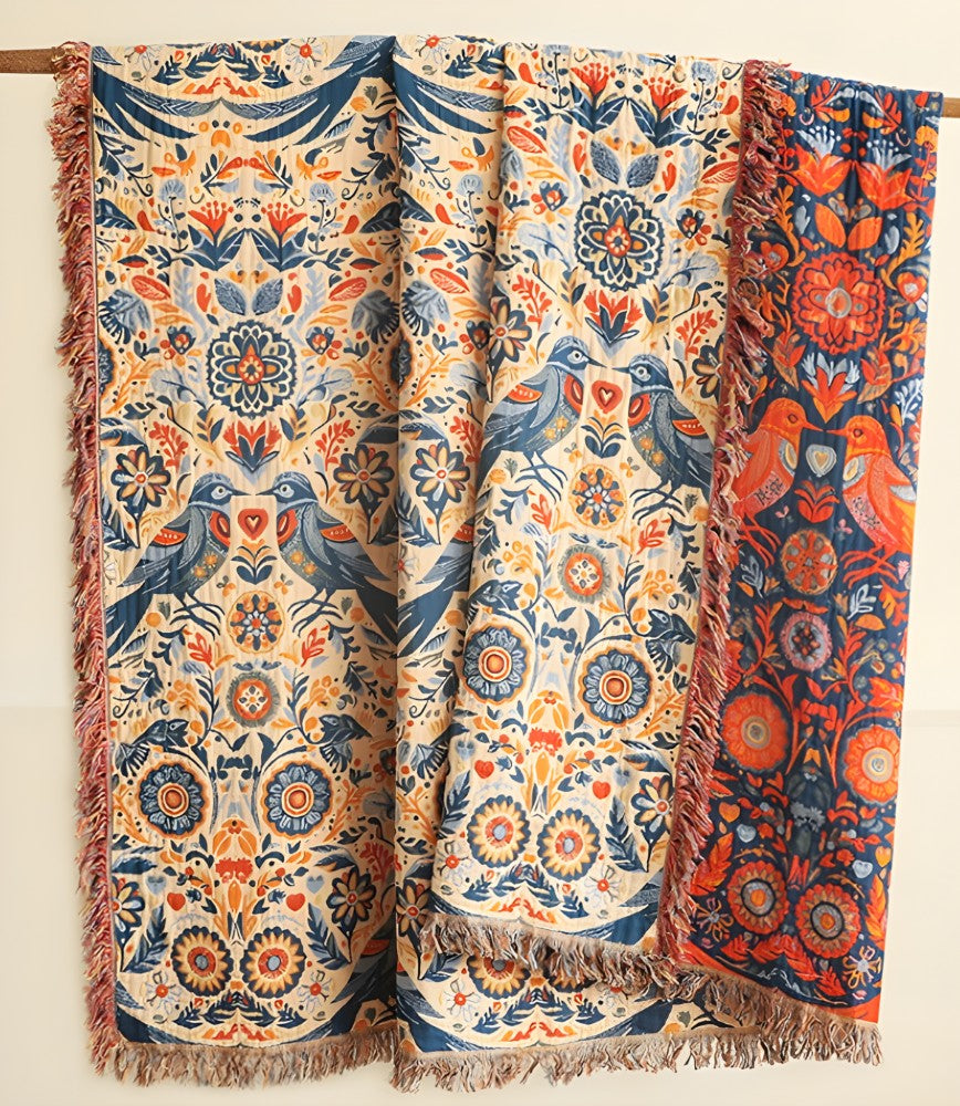 Plaid en coton motif oiseaux et fleurs