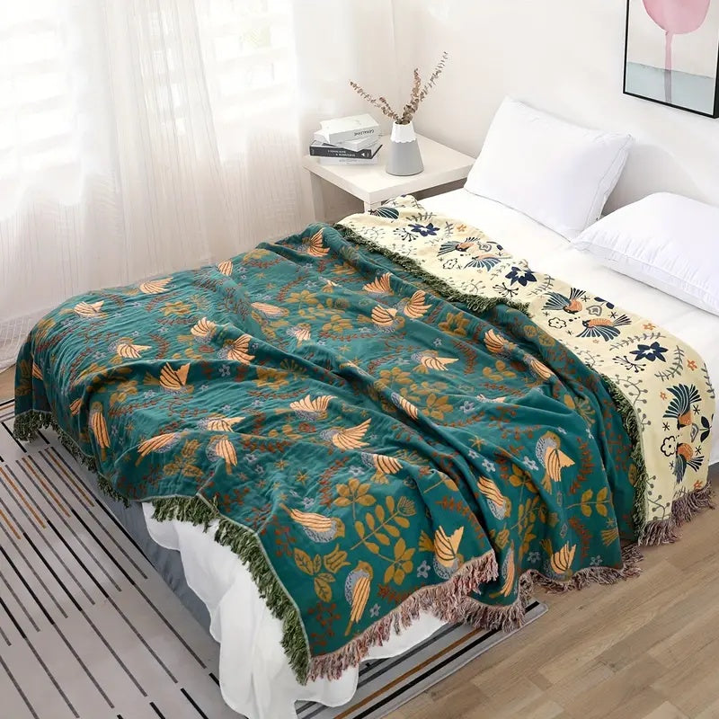 Plaid réversible aux oiseaux scandinaves | 100 % coton