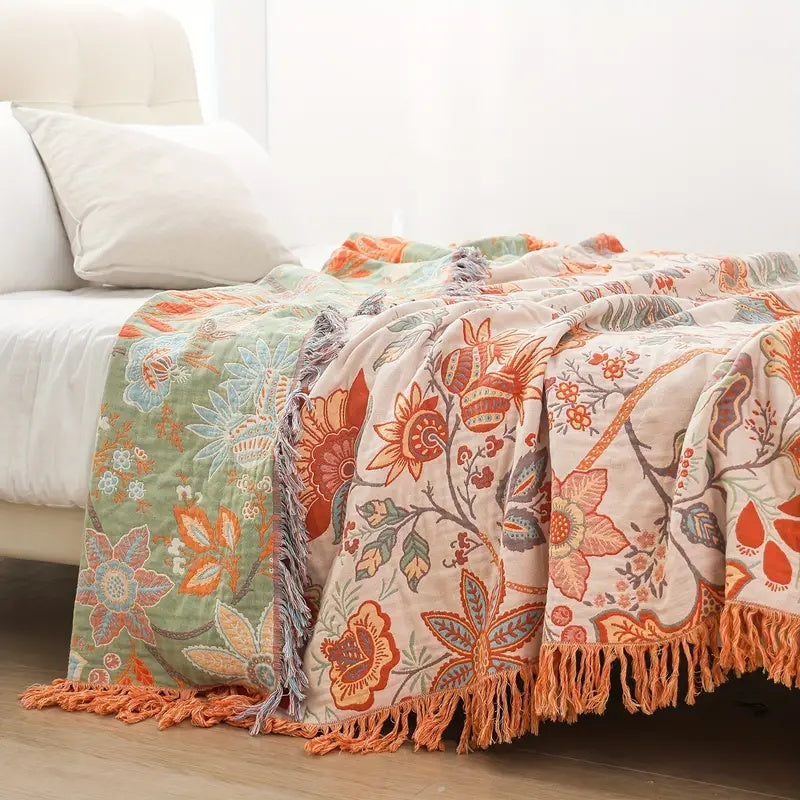 Plaid boho rustique à fleurs | 100 % coton