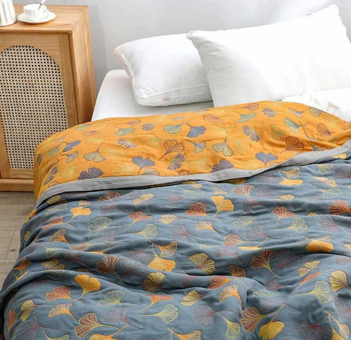 Plaid en coton feuilles de ginkgo