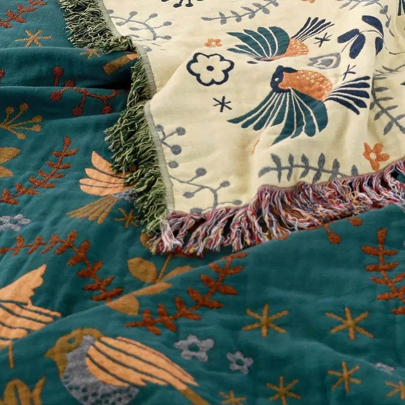 Plaid réversible aux oiseaux scandinaves | 100 % coton