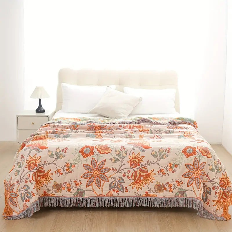 Plaid boho rustique à fleurs | 100 % coton