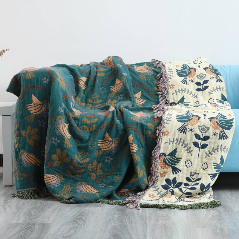 Plaid réversible aux oiseaux scandinaves | 100 % coton