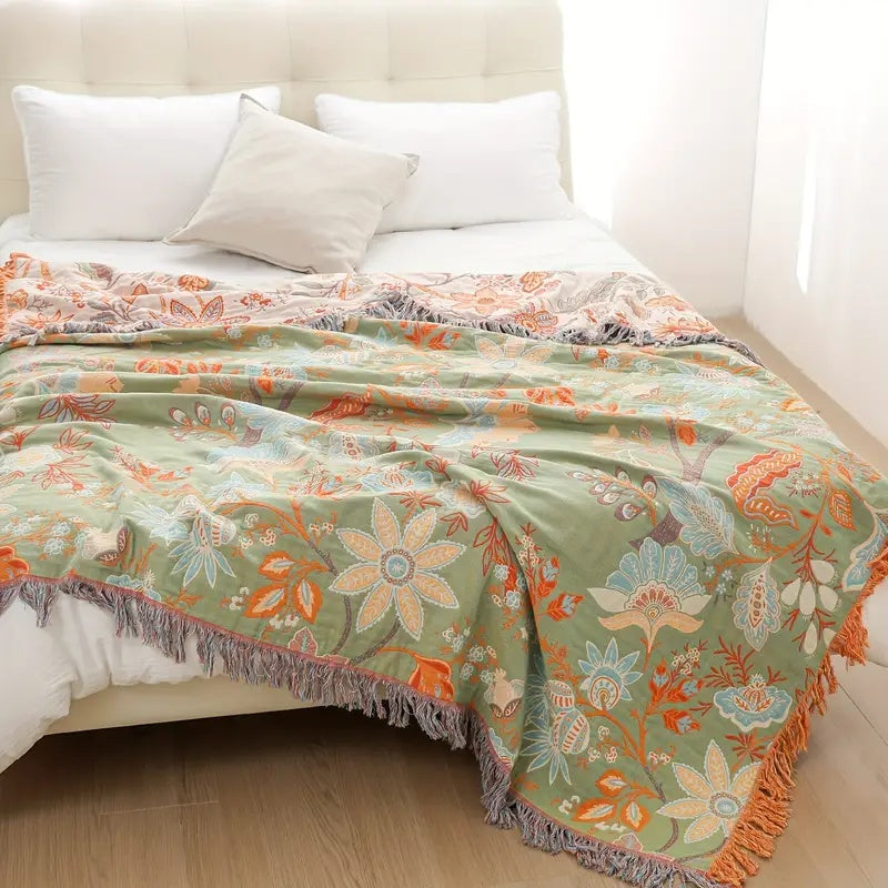 Plaid boho rustique à fleurs | 100 % coton