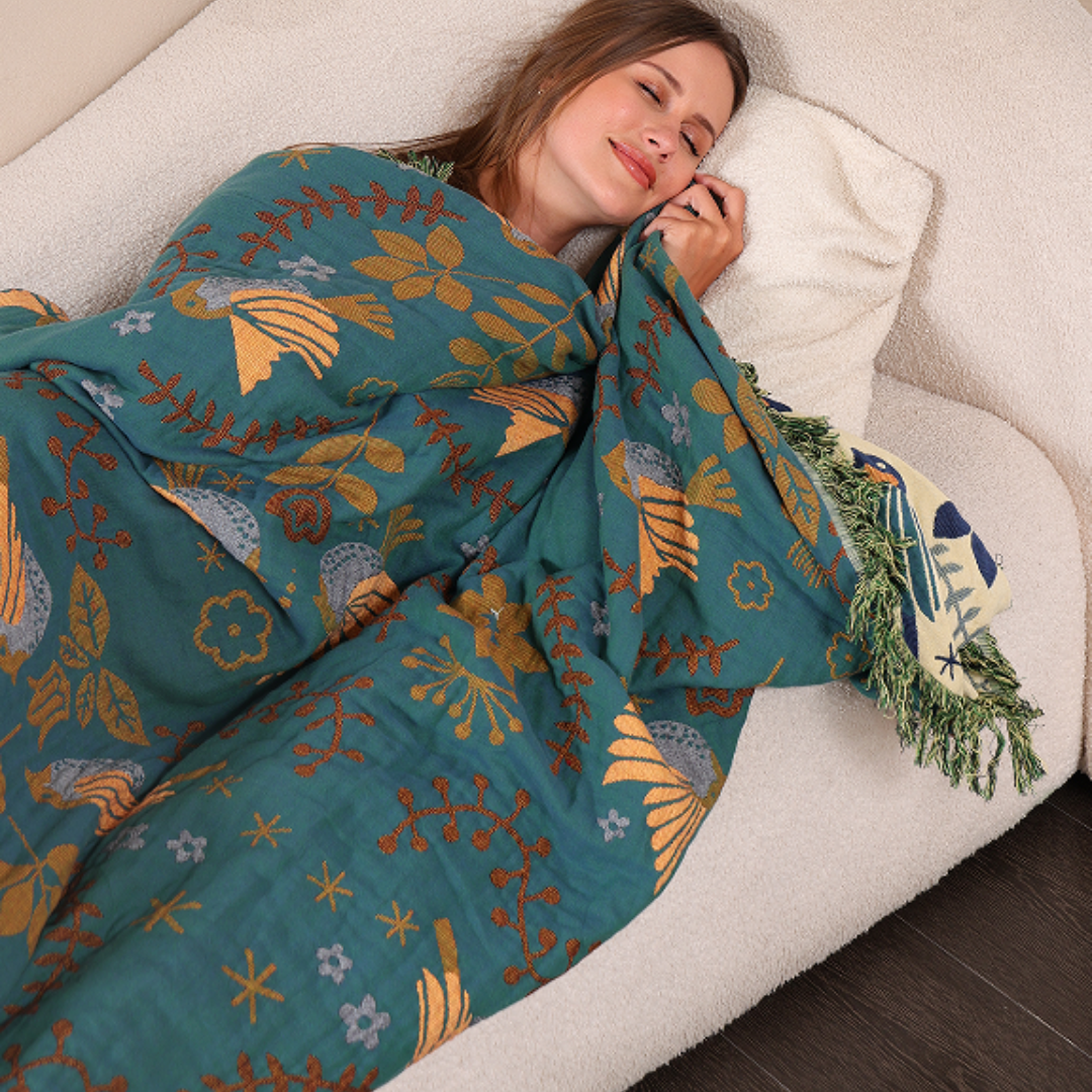 Plaid réversible aux oiseaux scandinaves | 100 % coton